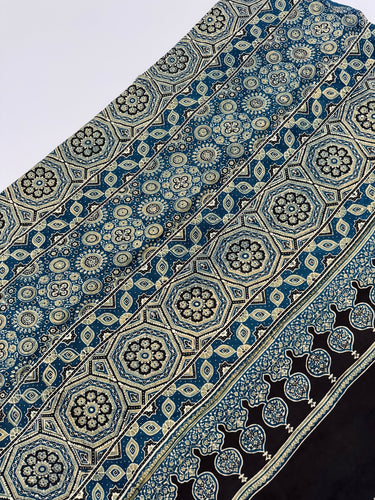 Ajrakh hand block printed modal silk saree | Dark Blue | Ships from California